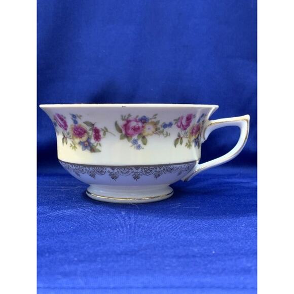 Pair of Gold Castle Teacups Rose and Blue Flower Pattern - Picture 4 of 10